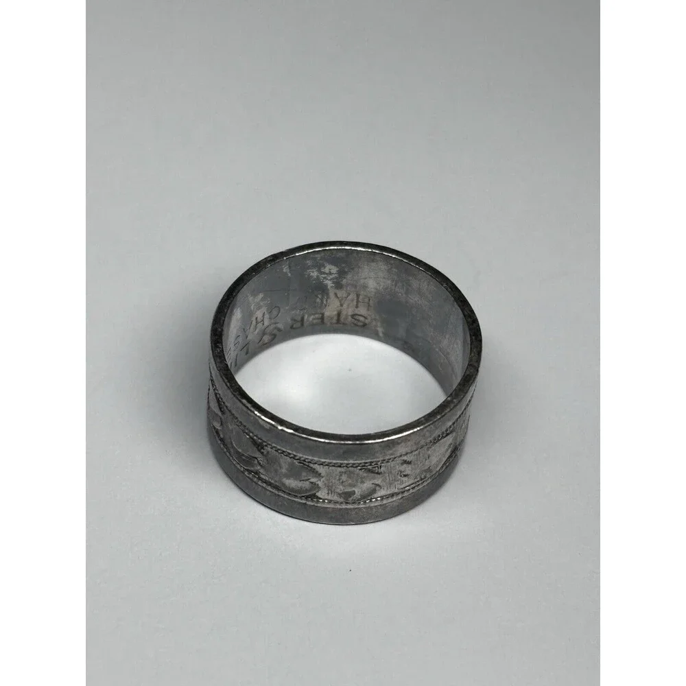 Sterling Silver 925 Inlay Heart Shapes Band Hand Chased Ring Size 5.75